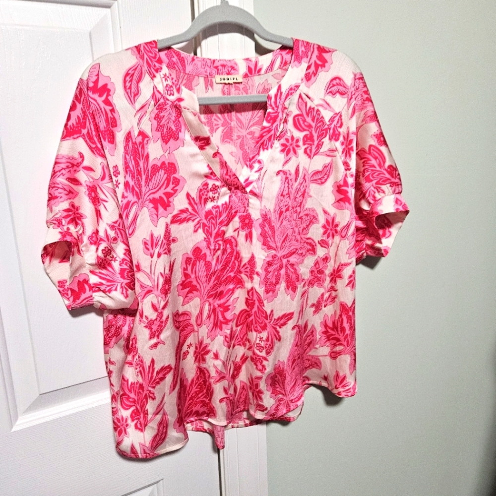 Jodifl Women's Pink Floral Puff Sleeve Blouse Casual Spring